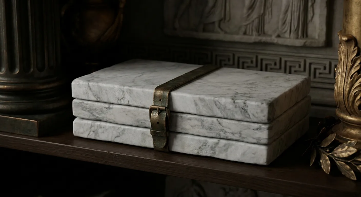 Three blank veined marble tablets stacked and bound with an aged bronze strap buckle on a dark shelf in cinematic side lighti