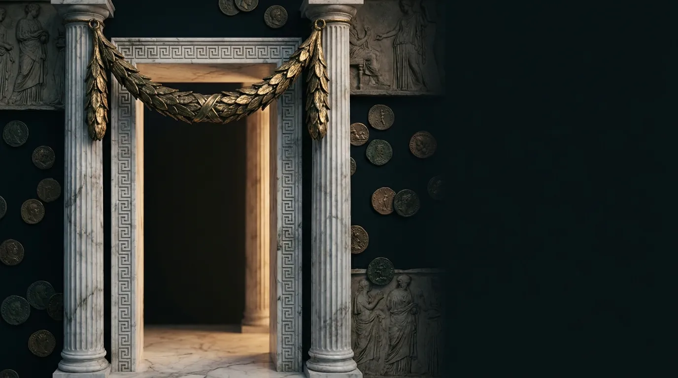 Wide white marble threshold flanked by fluted columns with gilded bronze laurel garland swagged between capitals, warm light