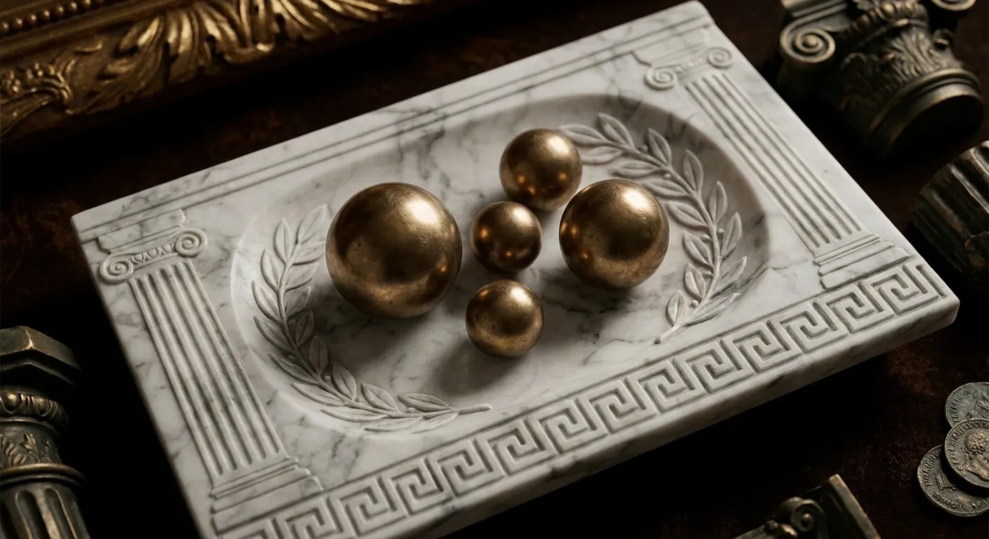 Shallow carved marble tray holding five polished bronze spheres of varying sizes, overhead close shot with soft side lighting