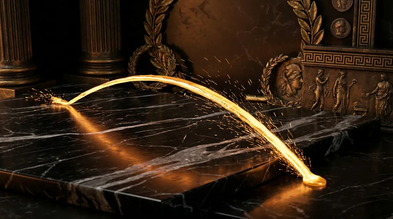 Streak of molten gold arcing upward across polished black veined marble, trailing sparks with warm reflected glow and classic