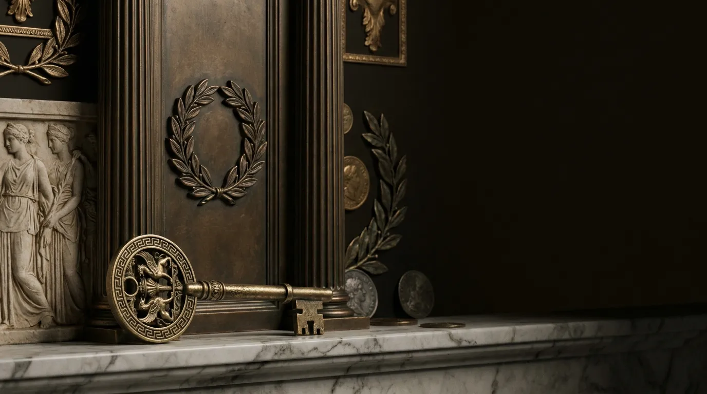 Ornate brass key resting on white veined marble ledge before a tall dark bronze door with carved laurel boss, cinematic side 