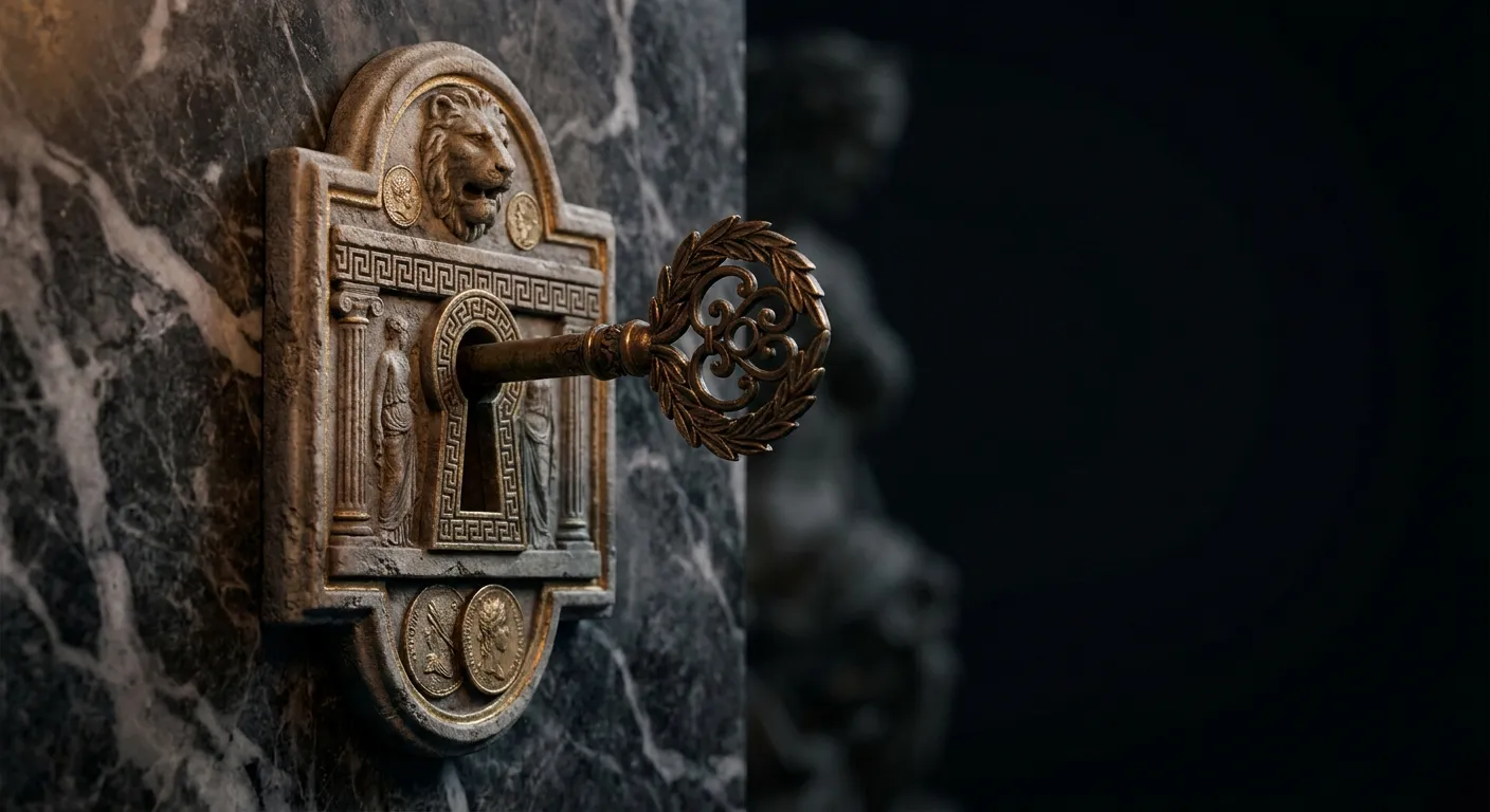 An ornate bronze key with a laurel-shaped bow resting in a carved stone keyhole plate mounted on dark veined marble wall.