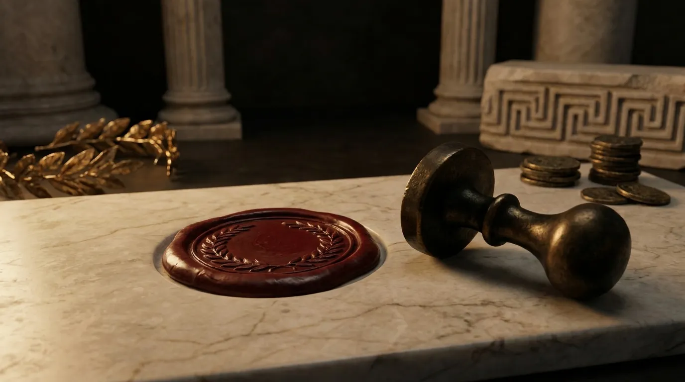 Deep red wax seal with laurel motif pressed into pale veined marble beside a heavy bronze signet stamp, cinematic side lighti