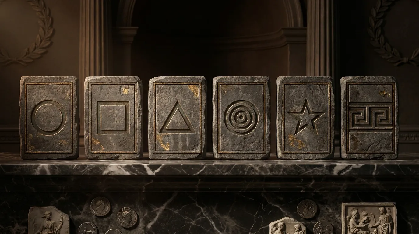 Six carved stone tablets bearing incised geometric emblems stand upright on a dark marble shelf, dramatically side-lit in a c