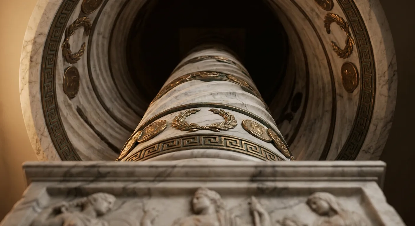 Looking straight up a spiral-fluted marble column with white and grey veining, gold bronze accents fading into deep warm dark