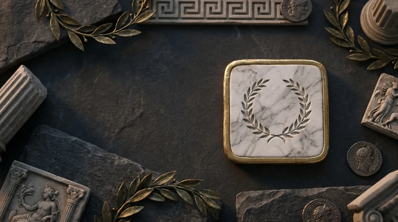 Small square stone tile with rounded gold rim and carved laurel emblem photographed from overhead against dark warm near-blac